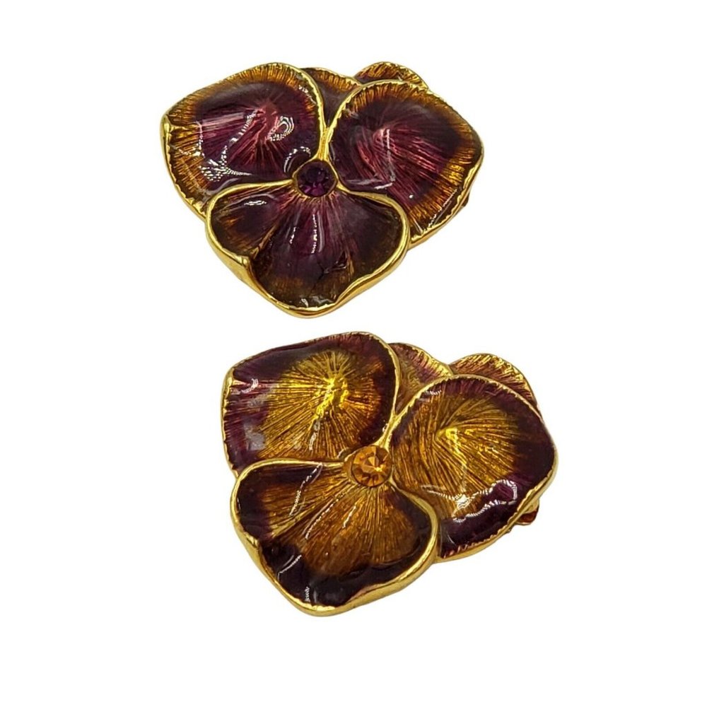 Joan Rivers Enameled Pansy Scatter Pins Set of Two Purple Gold Tone Signed
